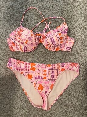 Blu u Pink Bikini set with Orange & Purple Tropical Motif size large